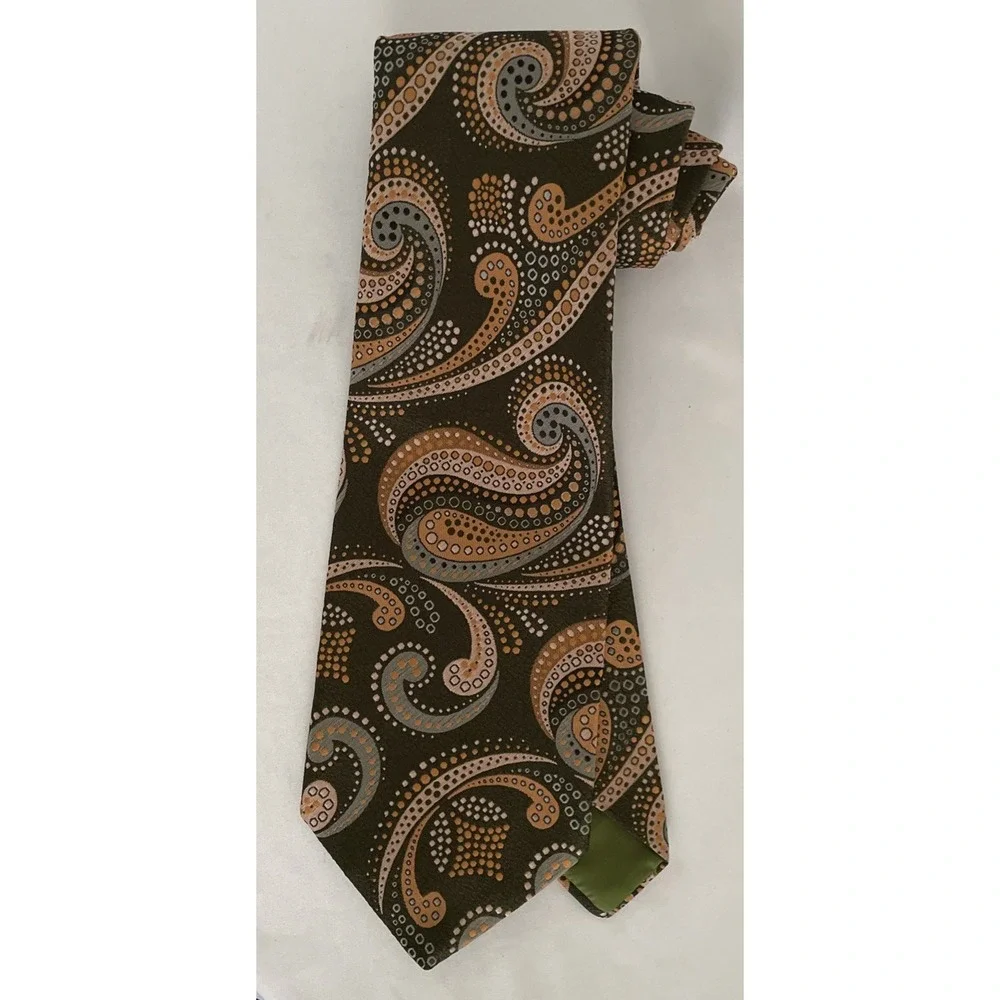 Vintage WEMBLEY Wemlon 70's Retro Neck Tie Paisley Print Olive Gold Gray